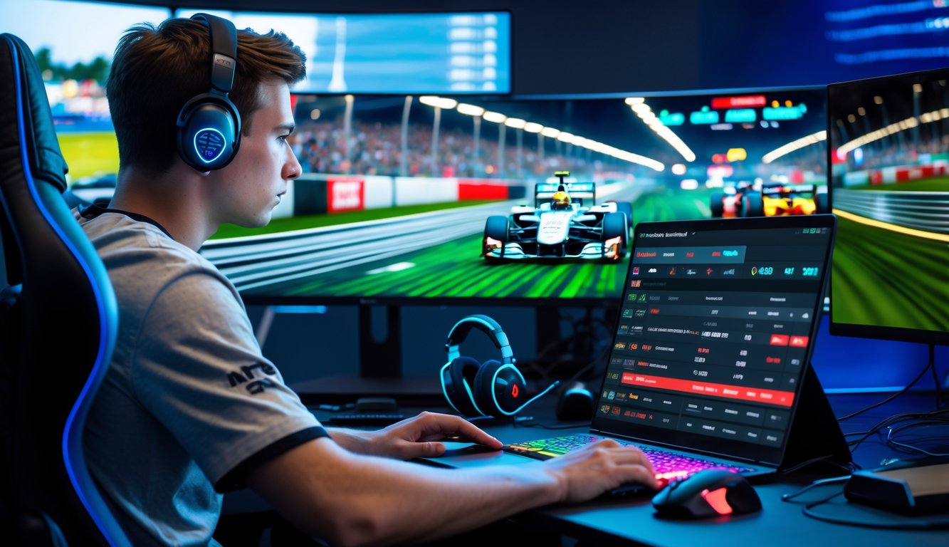 Seorang pria muda sedang menggunakan laptop untuk memasang taruhan langsung pada balapan Formula 1 esports yang ditampilkan di beberapa monitor besar.