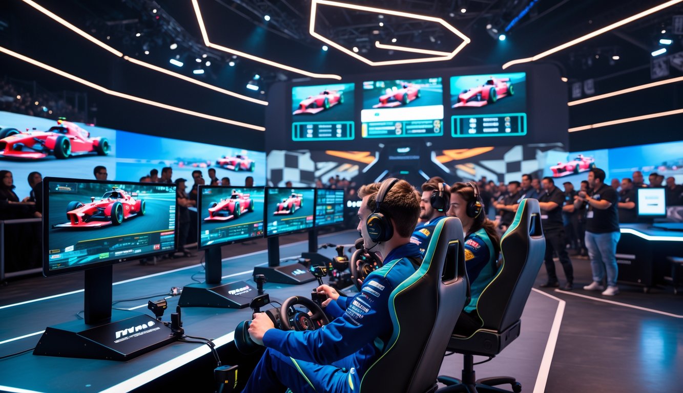 Seorang pemain esports sedang bermain simulasi balap Formula 1 di arena dengan layar besar dan penonton yang menonton pertandingan.