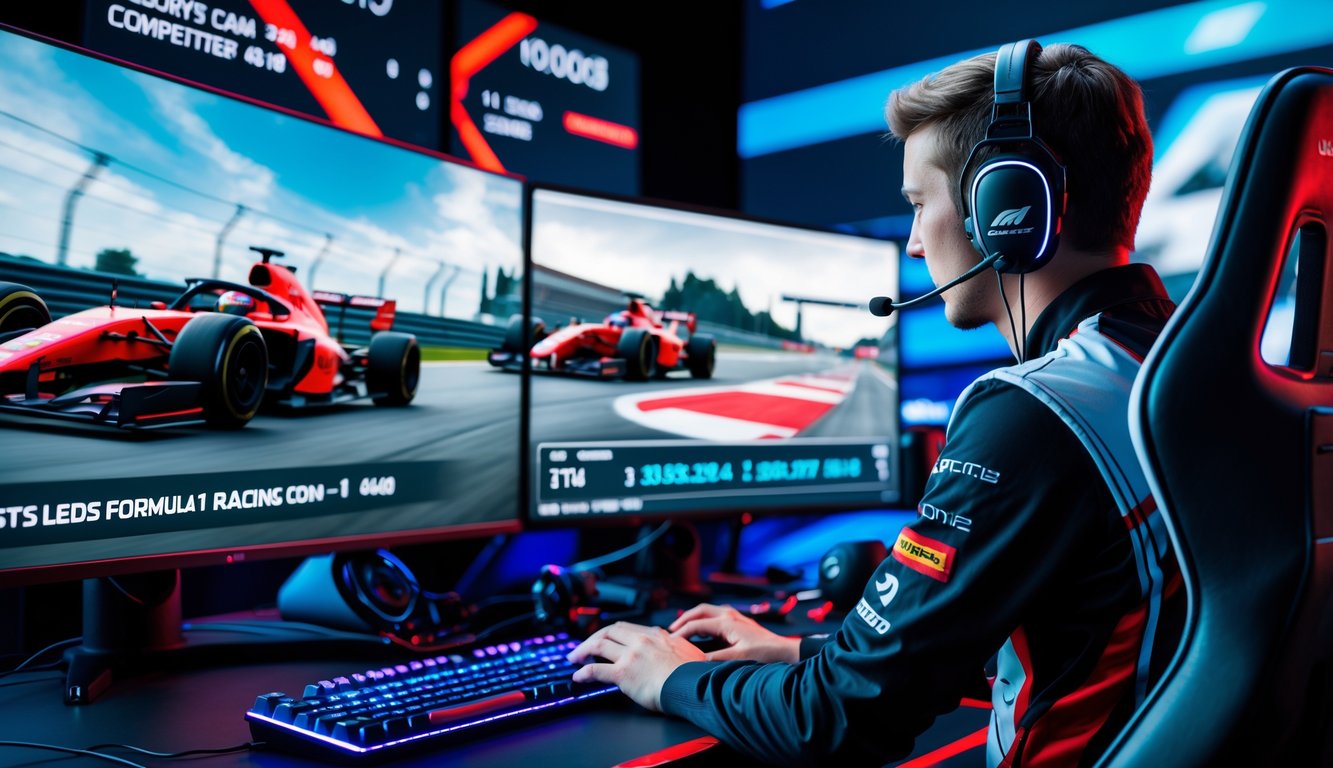 Seorang pemain esports fokus bermain game balapan Formula 1 dengan layar dan perlengkapan gaming di sekitarnya.