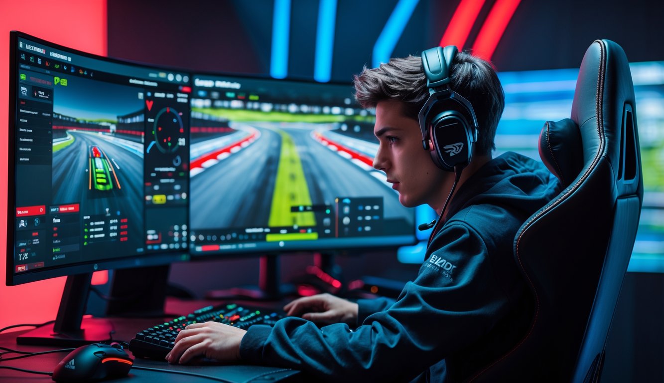Seorang pemain muda sedang duduk di depan monitor besar yang menampilkan permainan balap Formula 1 virtual dengan peralatan gaming di sekitarnya.