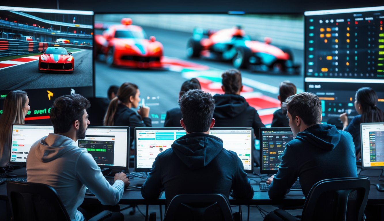 Sekelompok orang muda sedang menggunakan komputer dan ponsel untuk bertaruh pada balapan Formula 1 esports dengan layar menampilkan aksi balapan dan statistik.