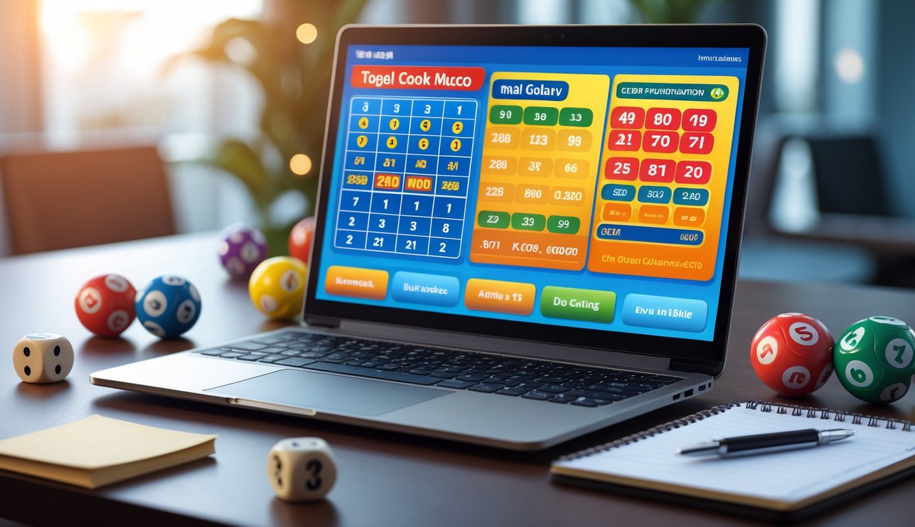 Sebuah laptop dengan tampilan antarmuka togel online, dikelilingi bola togel dan dadu di atas meja.