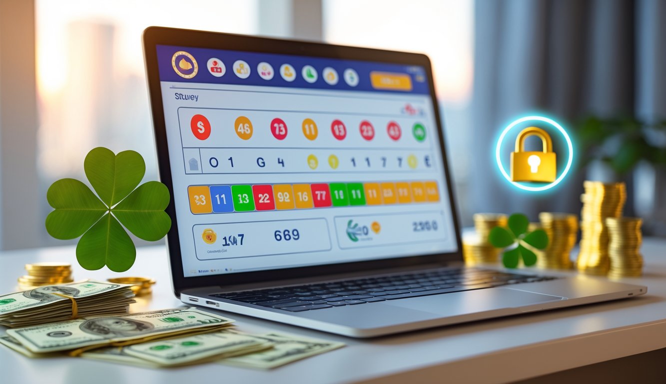 Sebuah laptop di atas meja dengan tampilan antarmuka lotere digital dan elemen keberuntungan seperti daun semanggi dan ikon keamanan di sekitarnya.