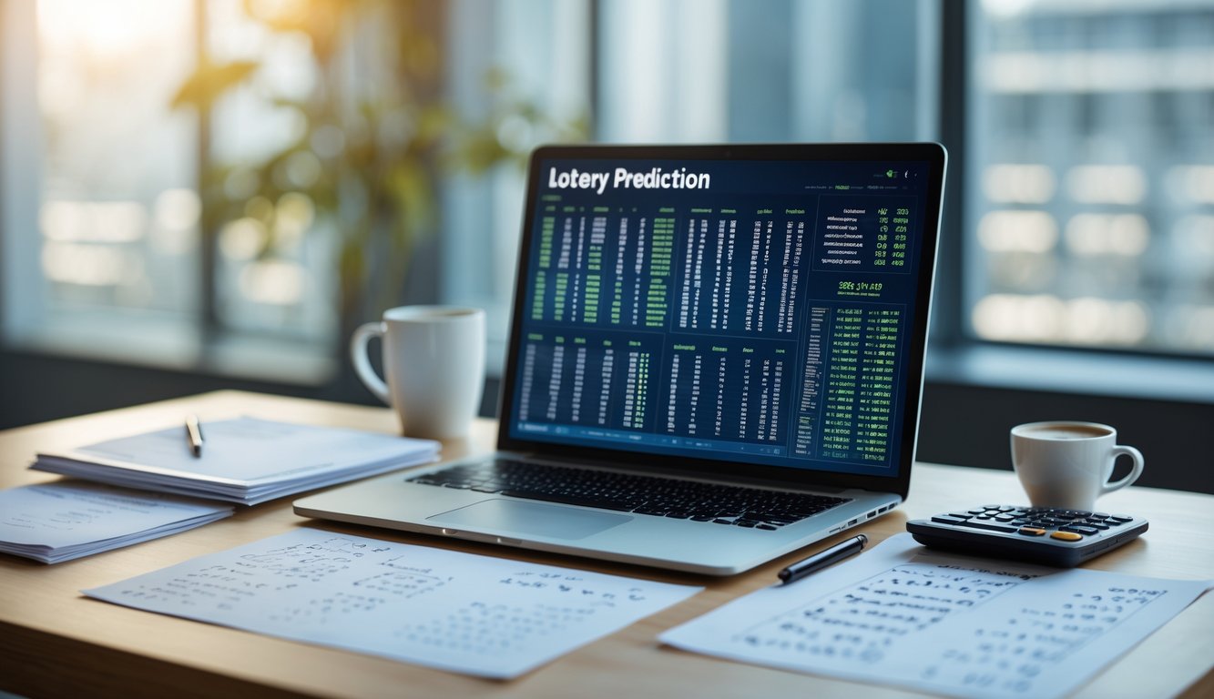 Meja kerja modern dengan laptop, kertas berisi catatan angka, kalkulator, dan cangkir kopi, menunjukkan suasana analisis prediksi togel.