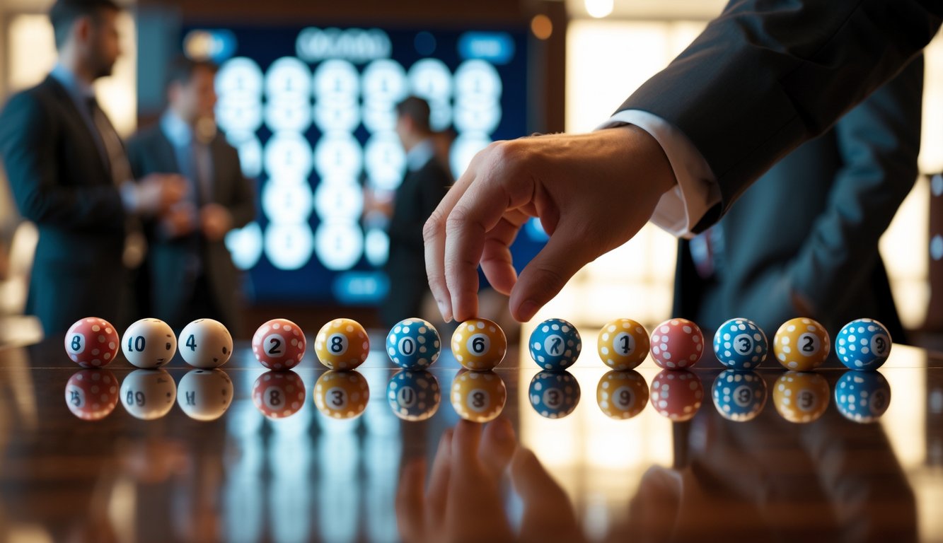 Tangan sedang meletakkan bola lotere berwarna-warni di atas meja kayu mengkilap dengan latar belakang suasana permainan modern.