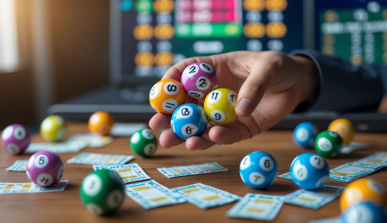 Tangan memegang bola lotere berwarna dengan tiket lotere di atas meja kayu.