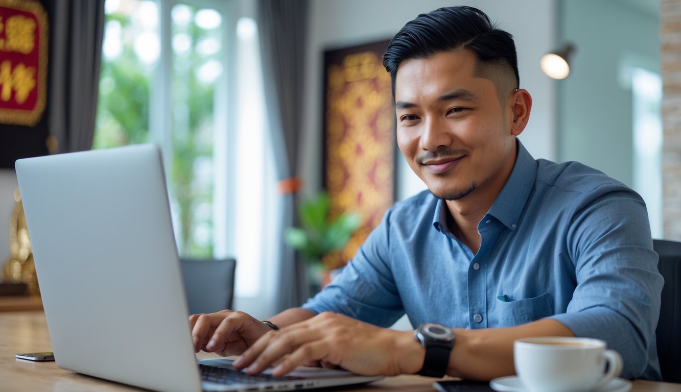 Seorang pria Asia Tenggara duduk di meja dengan laptop dan ponsel, tampak fokus dan percaya diri dalam ruangan kantor rumah yang modern.