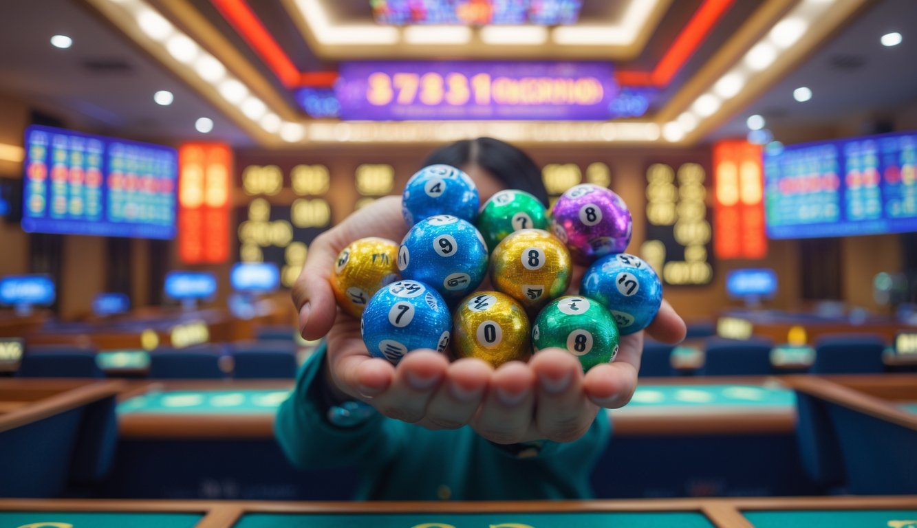 Tangan memegang bola lotere berwarna-warni dengan angka, latar belakang ruangan undian lotere dengan lampu terang dan layar digital.