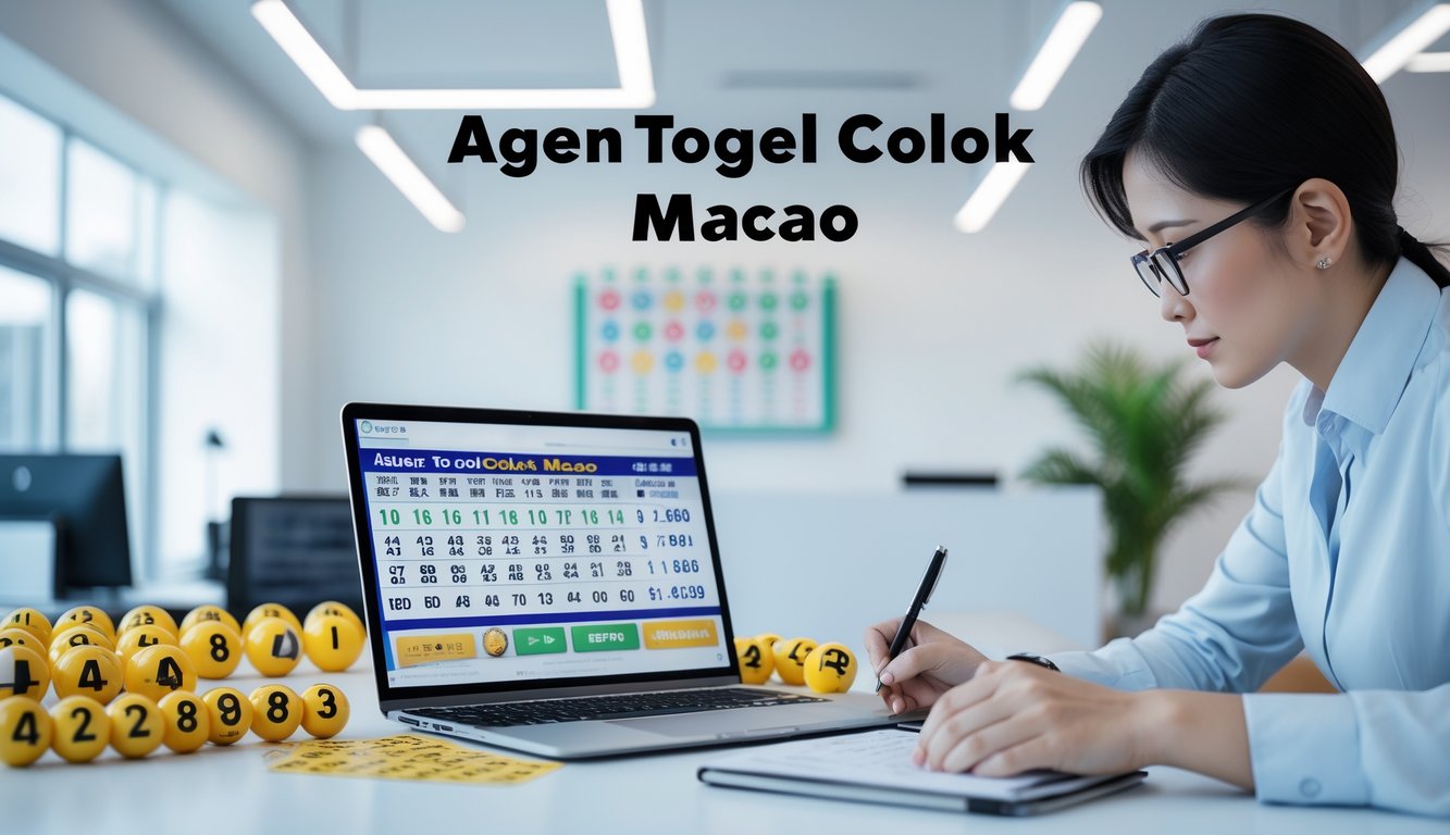 Sebuah kantor agen togel dengan meja rapi, laptop menampilkan angka togel, dan seseorang sedang menganalisis data.
