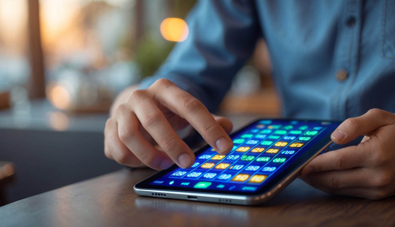 Tangan seseorang menggunakan perangkat digital dengan tampilan angka dan simbol permainan lotere di layar.