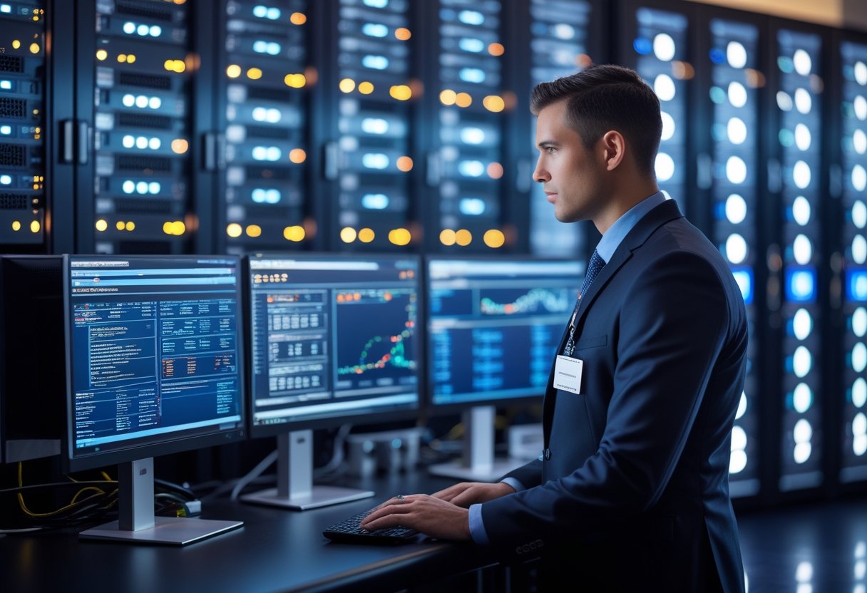 A security technician monitoring servers and computer screens in a casino server room.