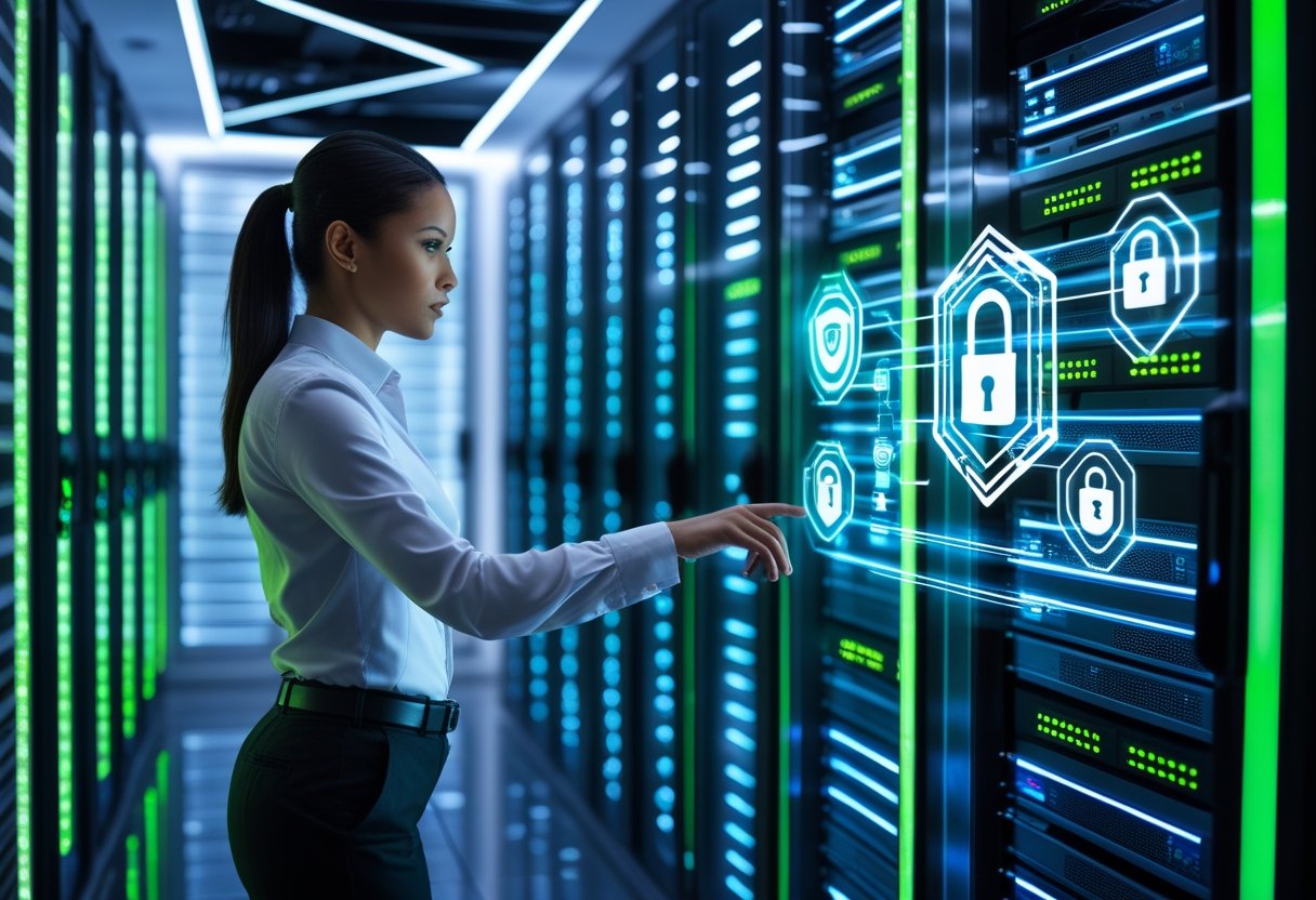 IT professional working in a modern server room