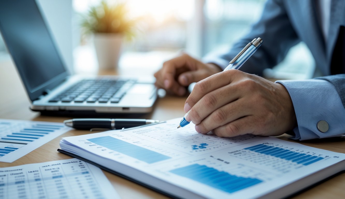 Tangan seseorang sedang menulis angka dan grafik pada notepad di meja kantor dengan laptop dan kalkulator.