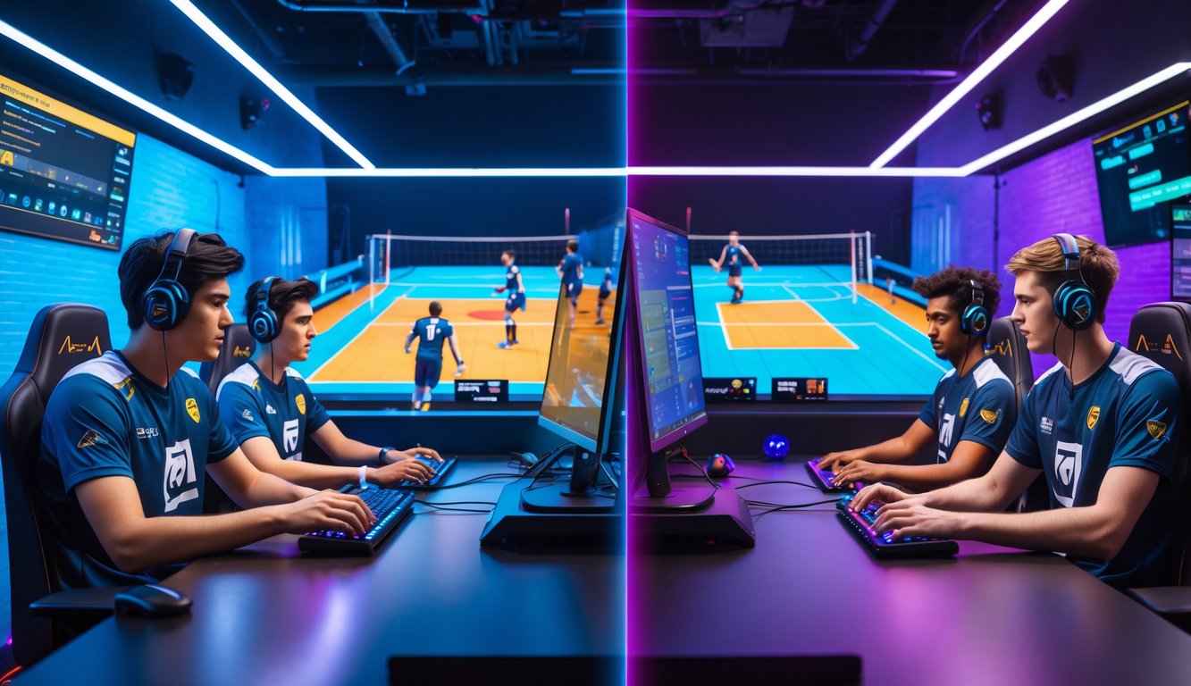 Dua tim muda bermain voli esports online di ruangan gaming dengan pencahayaan biru dan ungu, fokus pada pertandingan virtual.