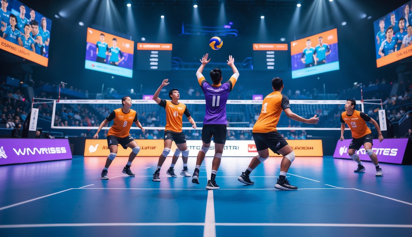 Pertandingan esports bola voli dengan dua tim yang sedang bermain di lapangan virtual, dikelilingi oleh penonton digital dan layar besar yang menampilkan statistik permainan.