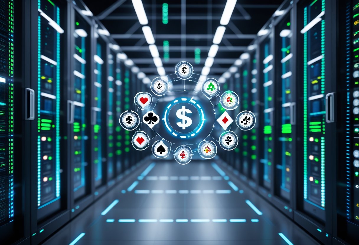A data center with rows of servers and digital icons representing online casino games and technology.