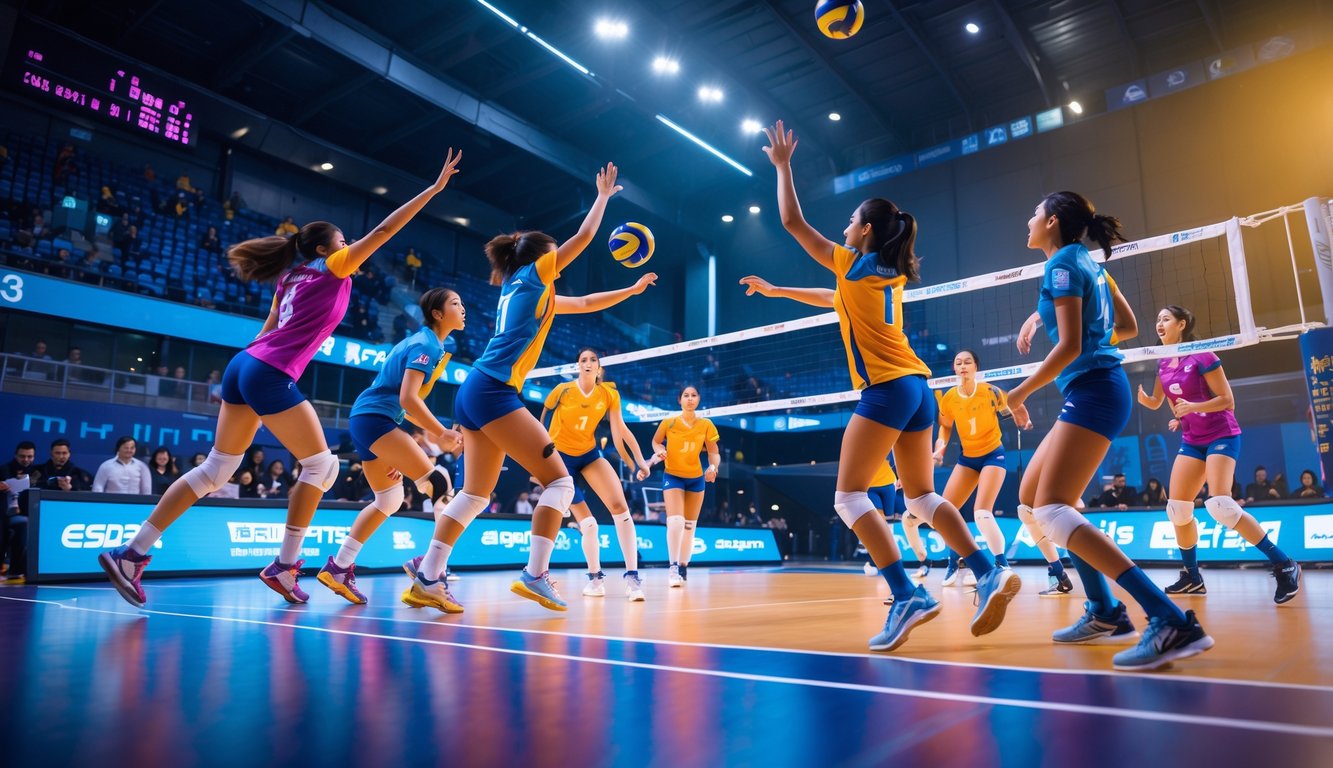 Pertandingan bola voli esports dengan pemain yang sedang bermain di lapangan dalam ruangan, terlihat aksi seru dan penonton di latar belakang.