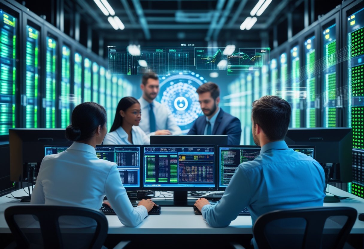 IT professionals monitoring servers and computer screens in a modern server room with glowing equipment and digital data visuals.