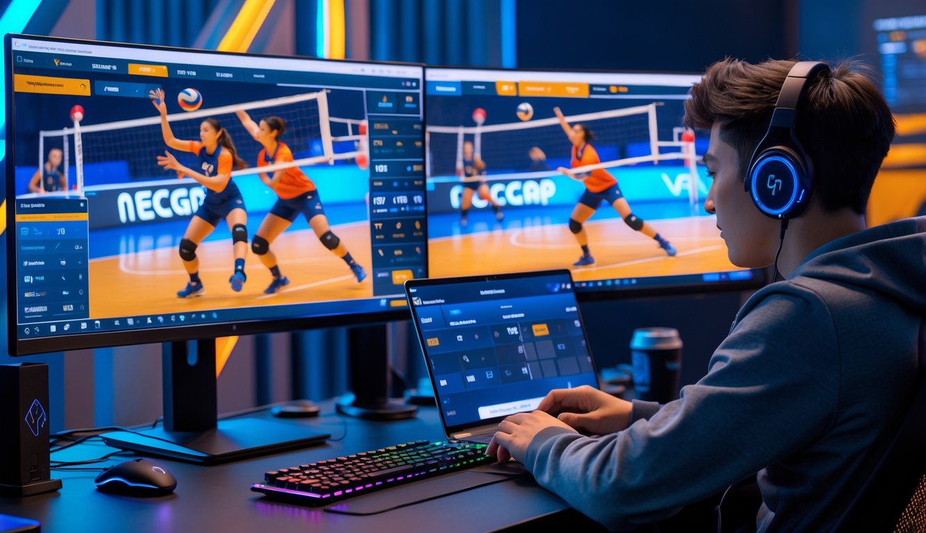 Seorang pemain muda sedang duduk di depan komputer dengan layar yang menampilkan pertandingan bola voli esports dan informasi taruhan.