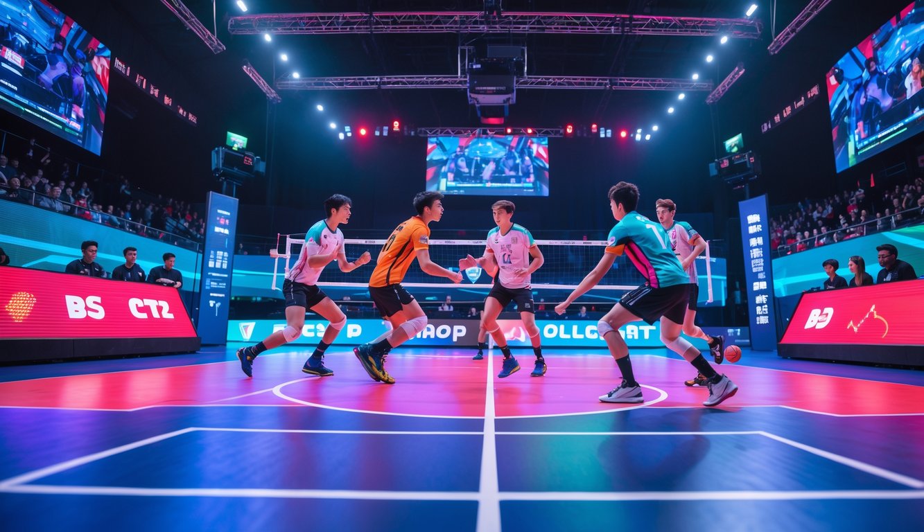 Pertandingan bola voli esports sedang berlangsung di arena dengan pemain yang fokus dan penonton yang antusias.