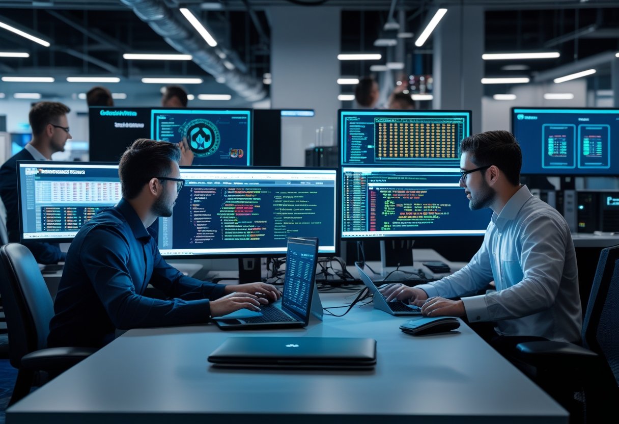 A team of IT professionals working together on computers in an office setting, maintaining casino software systems.