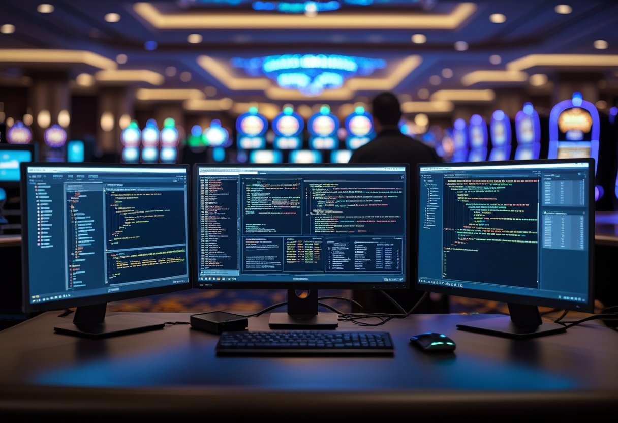 A software engineer working at a desk with multiple monitors showing code and casino-related graphics in a modern office with a blurred casino floor in the background.