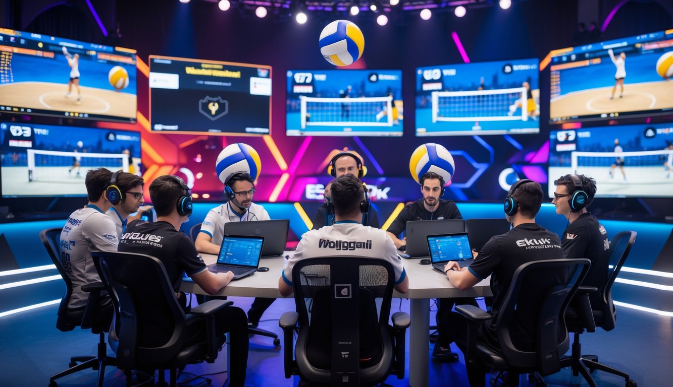 Sekelompok analis esports sedang membahas prediksi pertandingan bola voli di studio gaming dengan monitor besar dan peralatan teknologi.