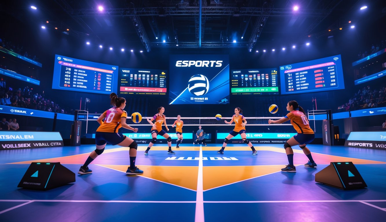 Pertandingan bola voli esports dengan dua tim yang sedang bermain di lapangan virtual dengan layar besar menampilkan statistik dan penonton virtual di latar belakang.