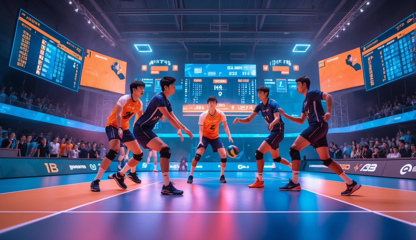 Pertandingan bola voli esports dengan pemain yang fokus di arena futuristik dan penonton menonton di layar besar.
