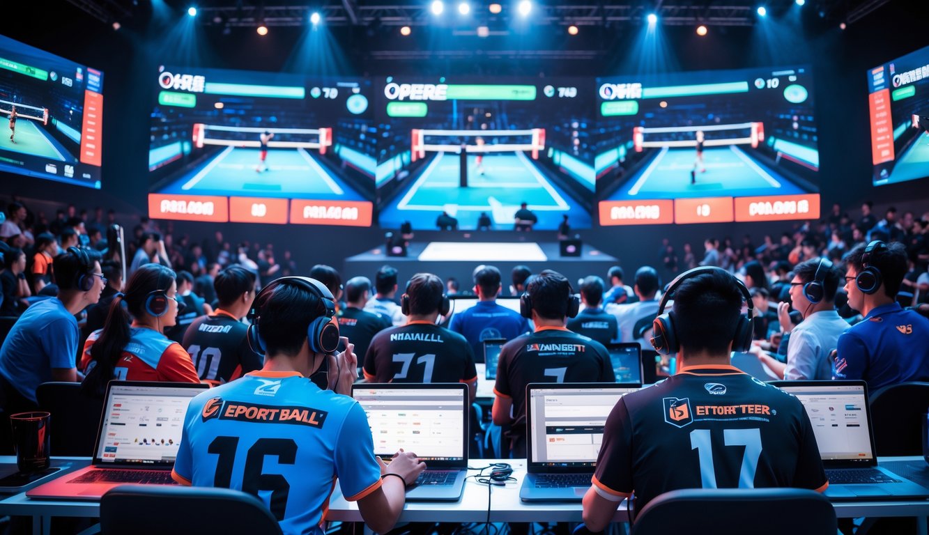 Sejumlah orang muda bermain dan menonton pertandingan esports voli di arena modern dengan layar besar dan suasana penuh semangat.