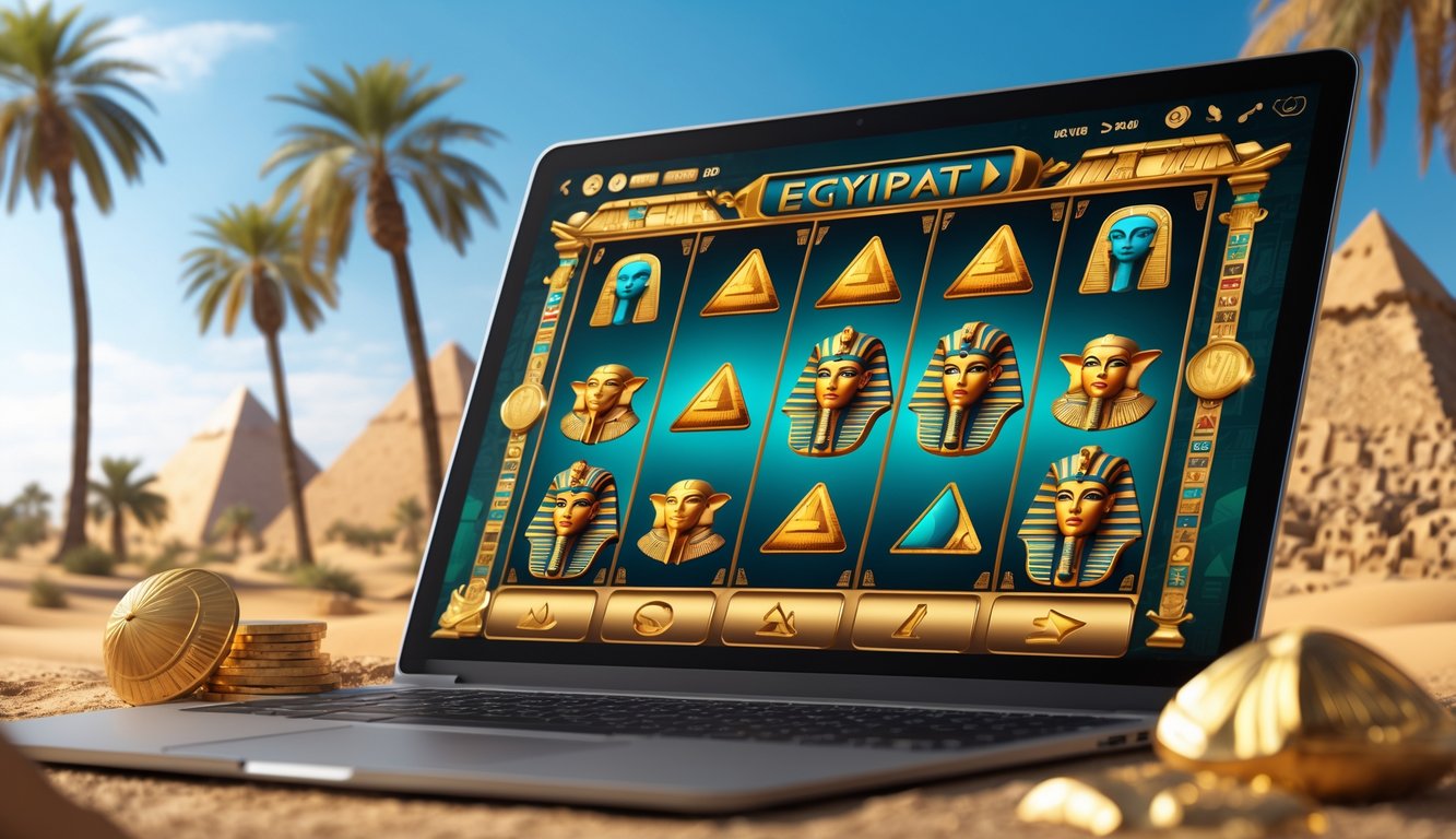 Layar komputer menampilkan permainan slot bertema Mesir kuno dengan simbol seperti scarab emas, topeng firaun, dan piramida.