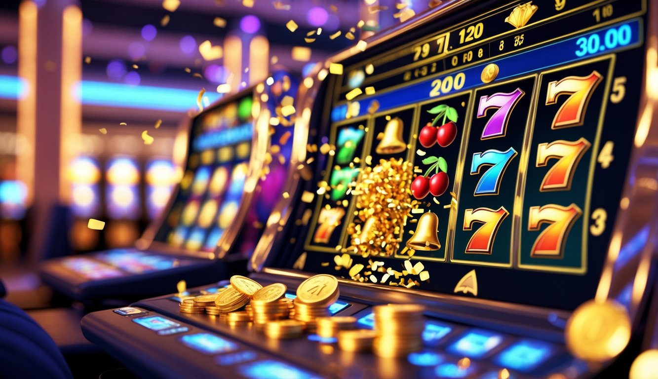 Mesin slot online dengan koin emas dan konfeti yang meledak menandakan kemenangan jackpot besar.