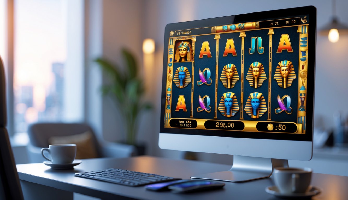 Layar komputer menampilkan permainan slot online bertema Mesir dengan simbol-simbol seperti scarab emas, topeng firaun, dan piramida.