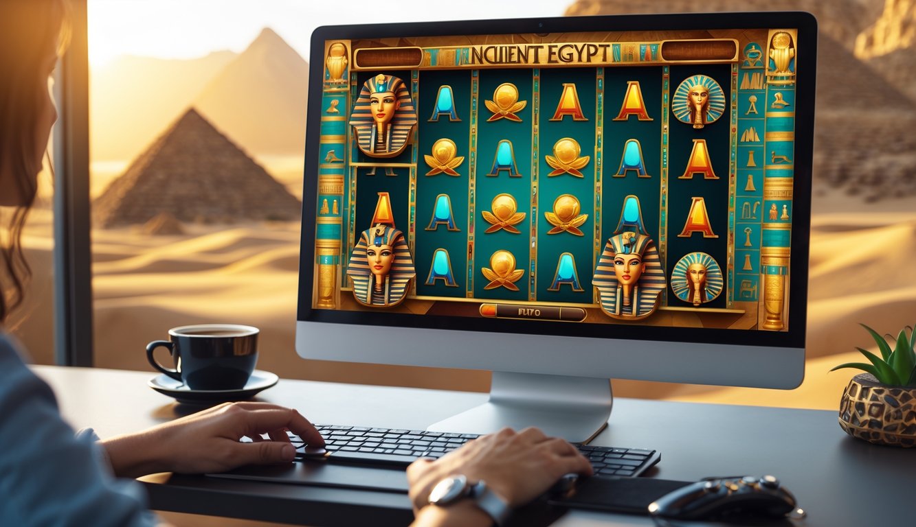 Seseorang menggunakan perangkat dengan tampilan permainan slot bertema Mesir kuno yang menampilkan simbol seperti firaun, scarab, dan piramida.