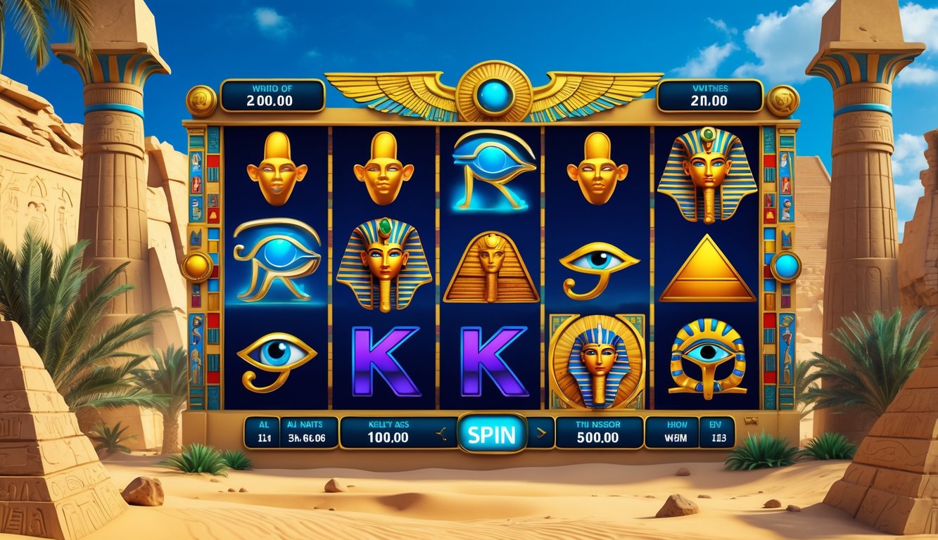 Tampilan mesin slot online dengan tema Mesir kuno, menampilkan simbol seperti scarab emas, topeng firaun, dan piramida di latar belakang gurun.