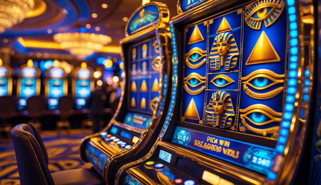 Mesin slot bertema Mesir dengan simbol piramida dan scarab di dalam kasino yang mewah.