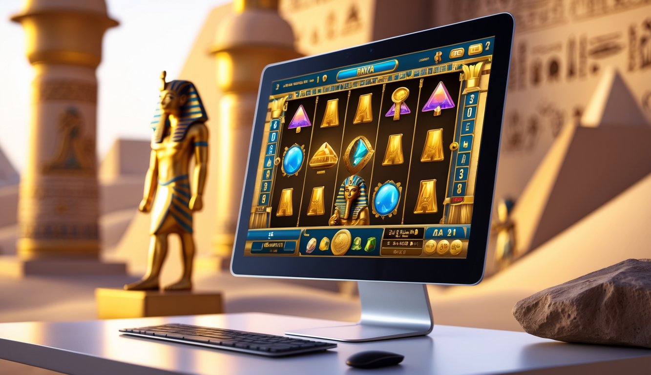 Seseorang menggunakan komputer dengan permainan slot bertema Mesir kuno di layar.