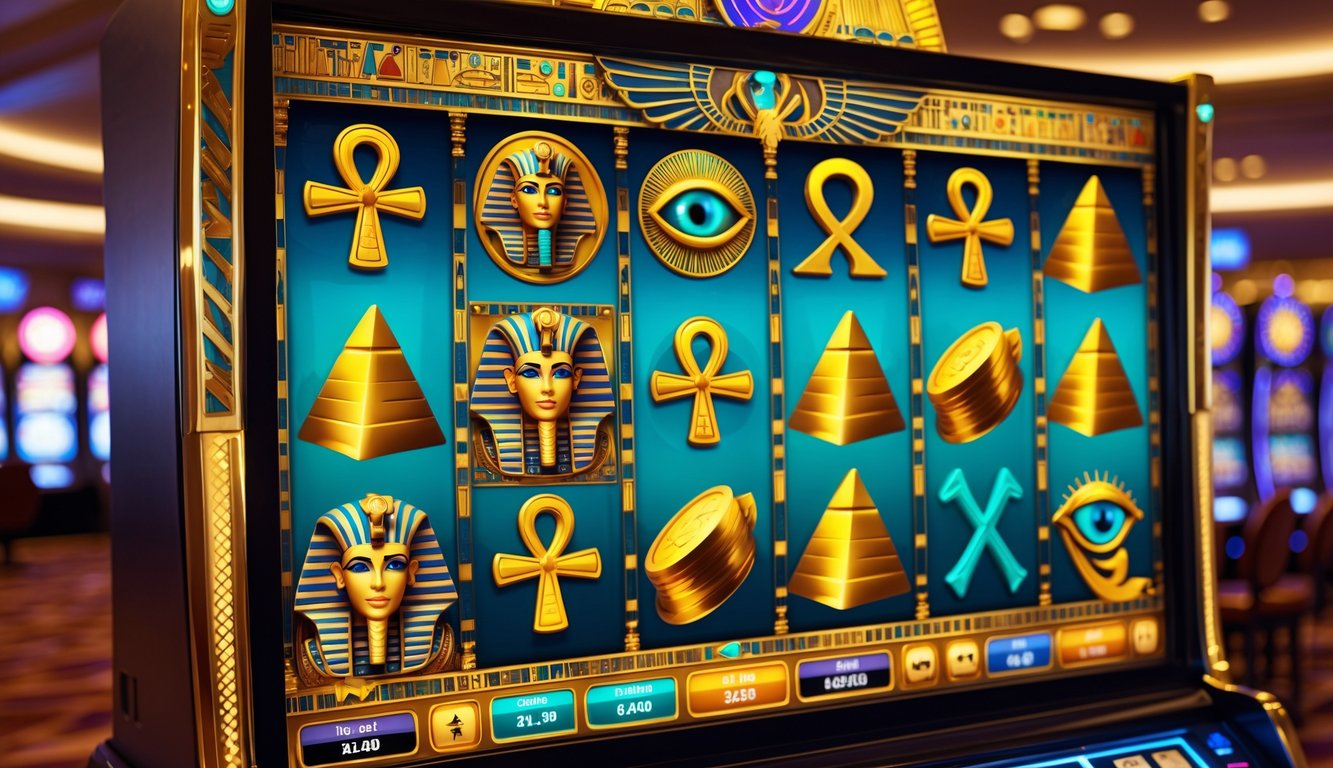 Mesin slot bertema Mesir kuno dengan simbol hieroglif dan motif emas di dalam kasino.