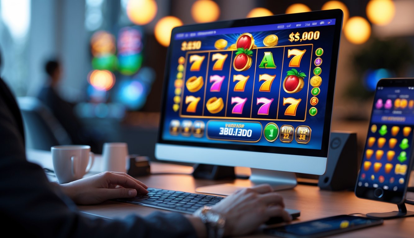 Seorang pengguna sedang bermain mesin slot online di komputer dengan layar menampilkan permainan slot berwarna cerah.