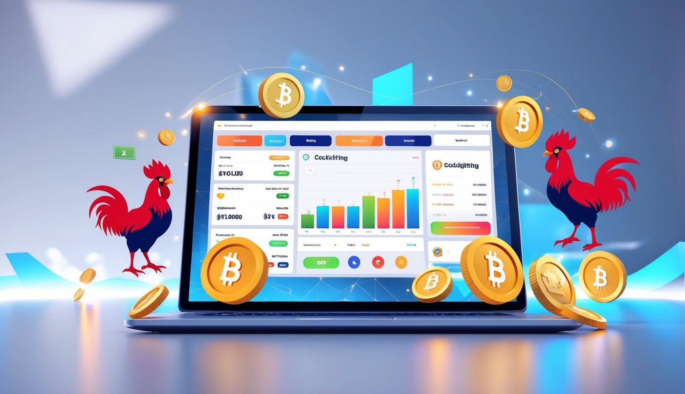 Seseorang menggunakan perangkat digital untuk memasang taruhan sabung ayam secara online dengan latar belakang yang cerah dan elemen ayam laga yang dinamis.