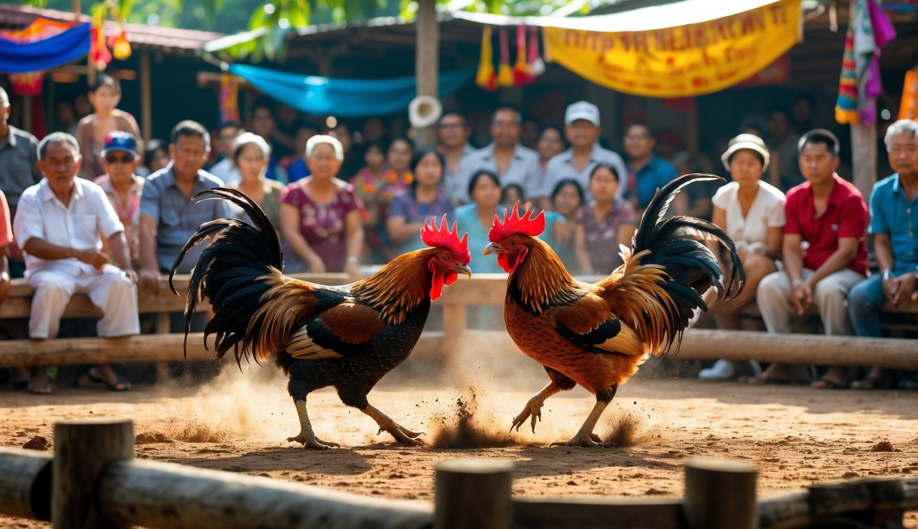 Arena sabung ayam tradisional dengan dua ayam jantan bertarung di tengah kerumunan penonton.