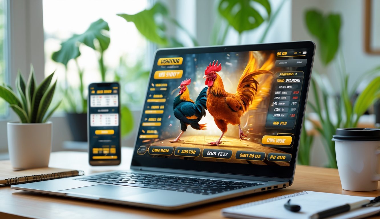 Seorang pria menggunakan laptop di meja kerja dengan layar menampilkan pertarungan ayam sabung secara online, di sekitar meja terdapat ponsel, kopi, dan alat tulis.