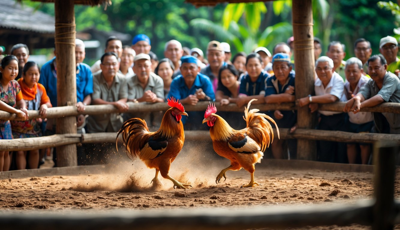 Dua ayam jantan sedang bertarung di arena kayu dengan penonton yang memperhatikan di sekelilingnya.