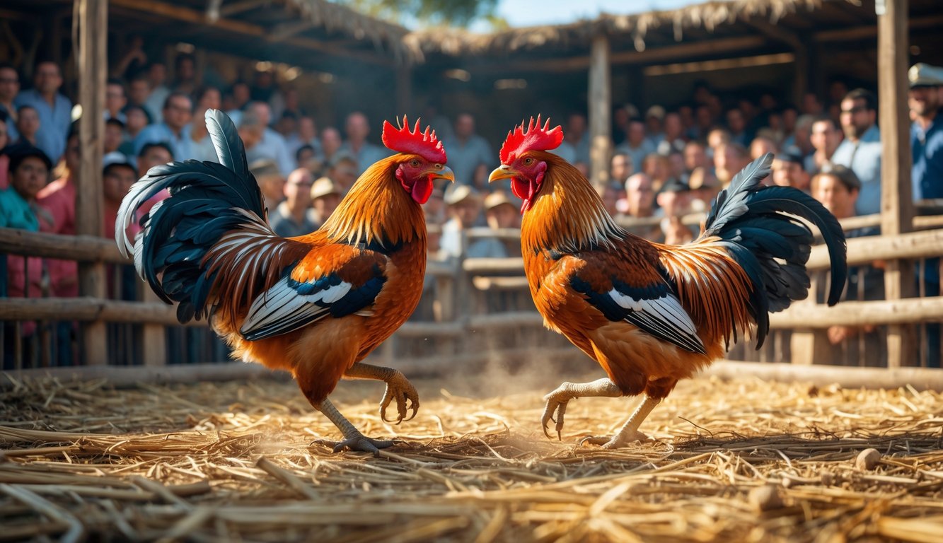 Dua ayam jago sedang bertarung di arena kayu dengan penonton yang antusias di latar belakang.