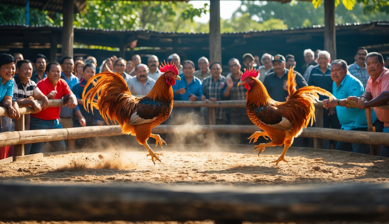 Dua ayam jago sedang bertarung di arena dikelilingi oleh penonton yang antusias di luar ruangan.