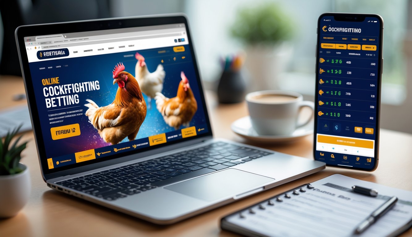 Seseorang menggunakan laptop dan ponsel untuk memasang taruhan sabung ayam secara online di sebuah meja kerja.