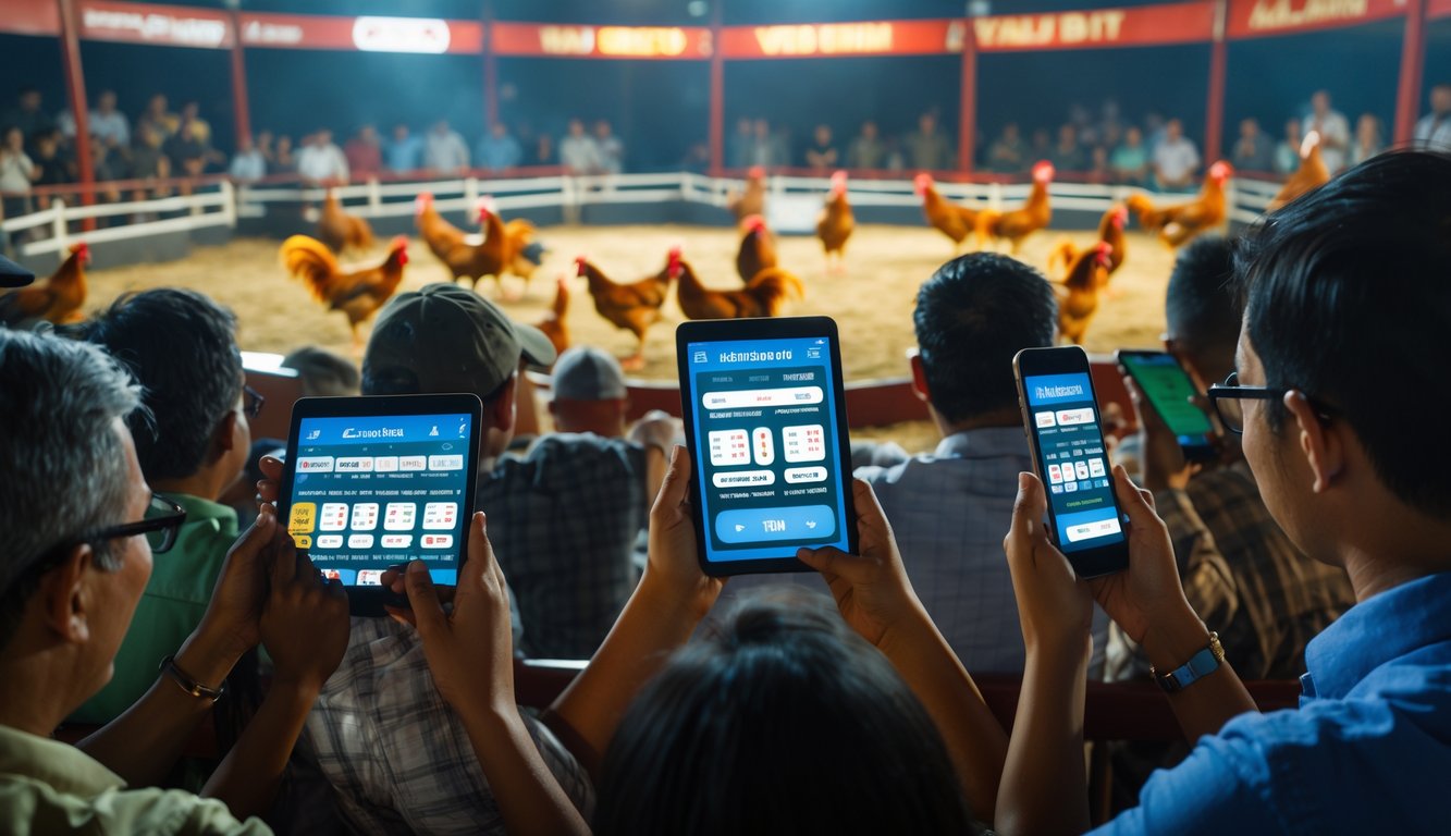 Orang-orang sedang bertaruh secara langsung pada acara sabung ayam dengan suasana ramai dan penuh semangat.