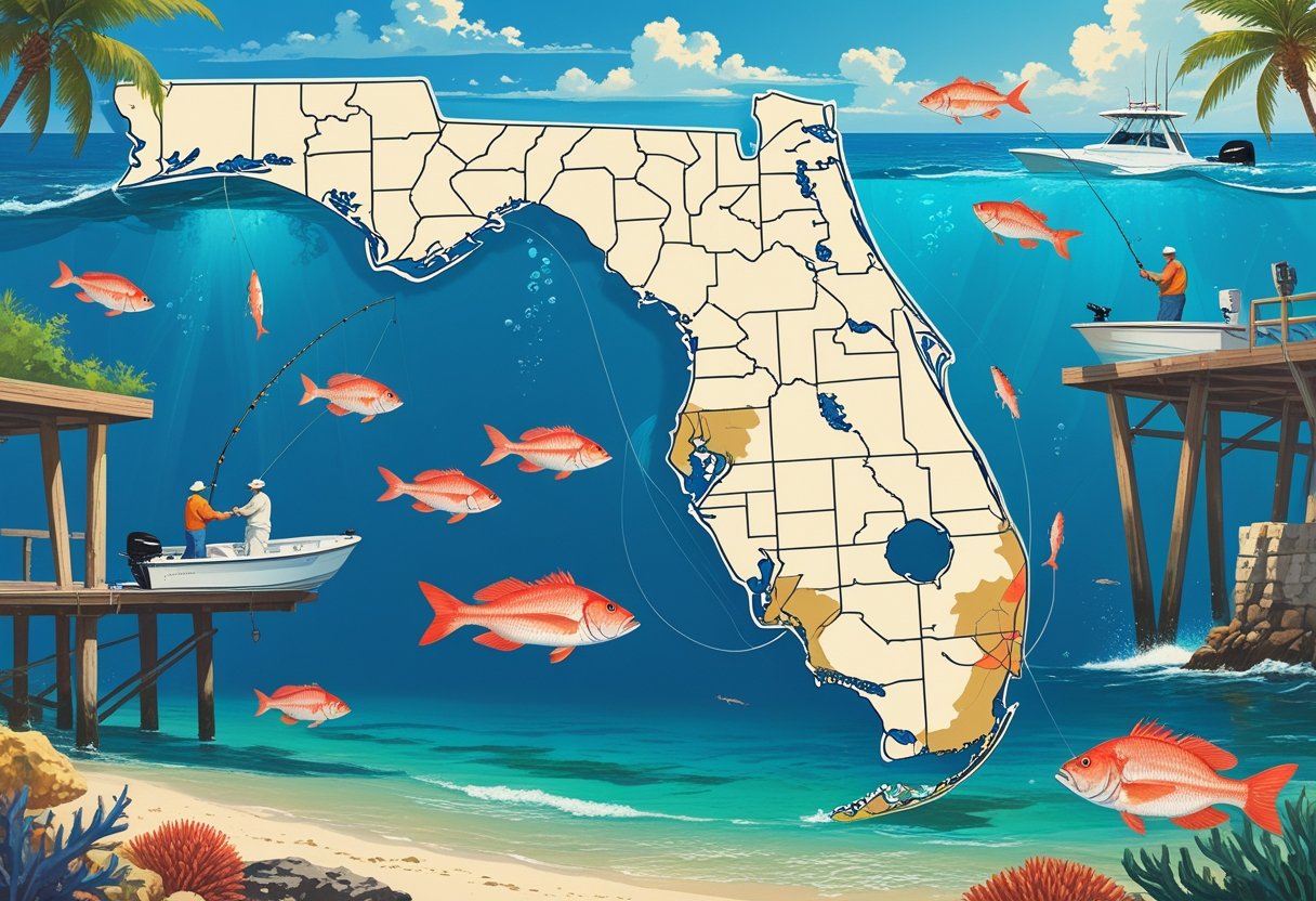 Illustration of Florida's coast showing ten popular fishing spots with anglers fishing from boats and piers, red snapper fish swimming underwater near reefs, and coastal scenery with palm trees and beaches.