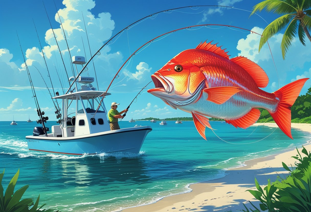 A fishing boat on clear blue water near a sandy shoreline with a person catching a large red snapper fish under a bright sky.