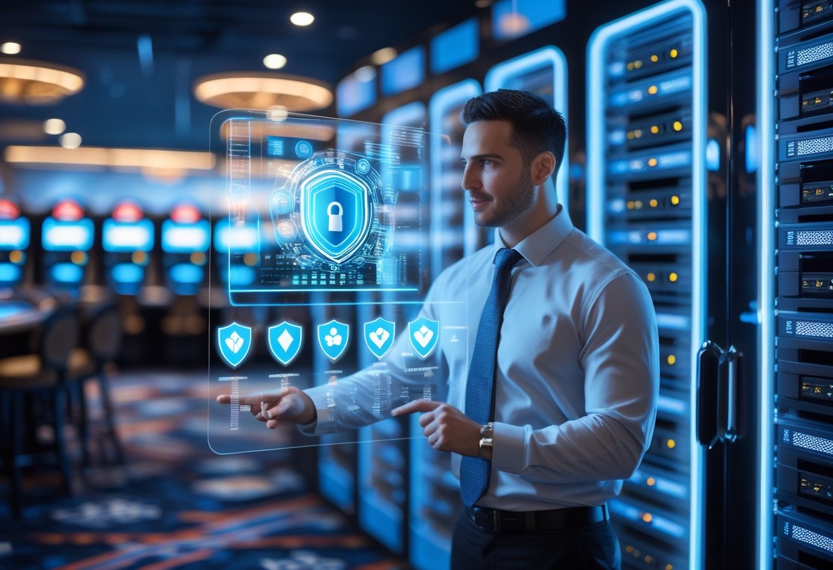 IT security specialist in a server room with digital data visuals and casino elements in the background.